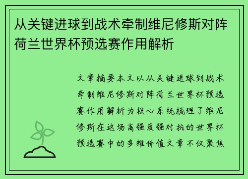 从关键进球到战术牵制维尼修斯对阵荷兰世界杯预选赛作用解析