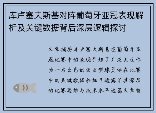 库卢塞夫斯基对阵葡萄牙亚冠表现解析及关键数据背后深层逻辑探讨
