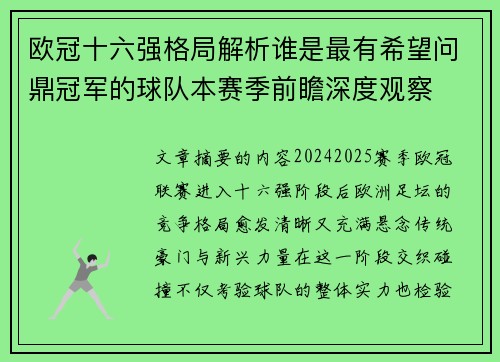 欧冠十六强格局解析谁是最有希望问鼎冠军的球队本赛季前瞻深度观察